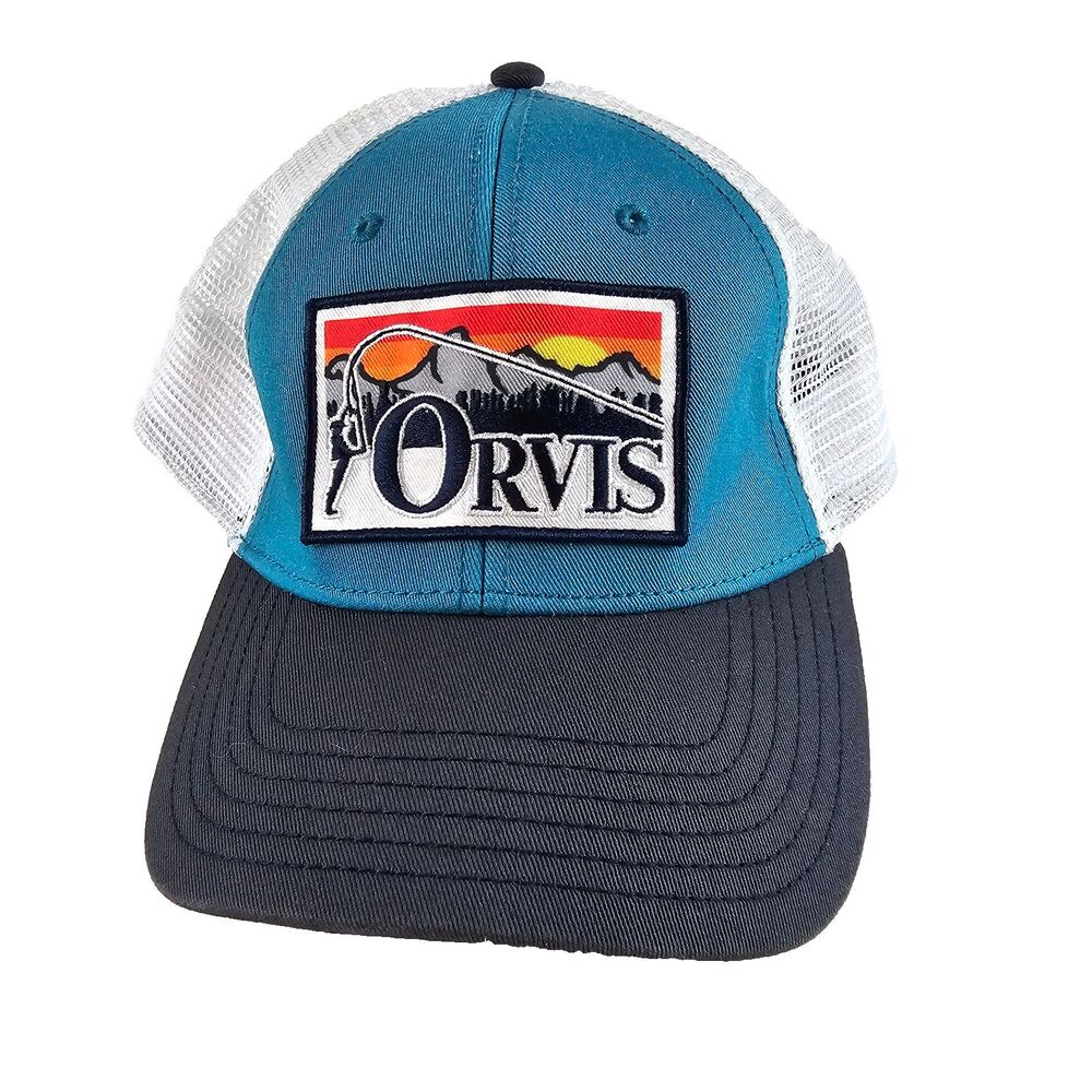 Orvis Fly Fishing Trucker Hat Teal Navy White Mesh Snapback Mountain Patch